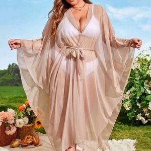 Plus Sheer Mesh Belted Kimono
